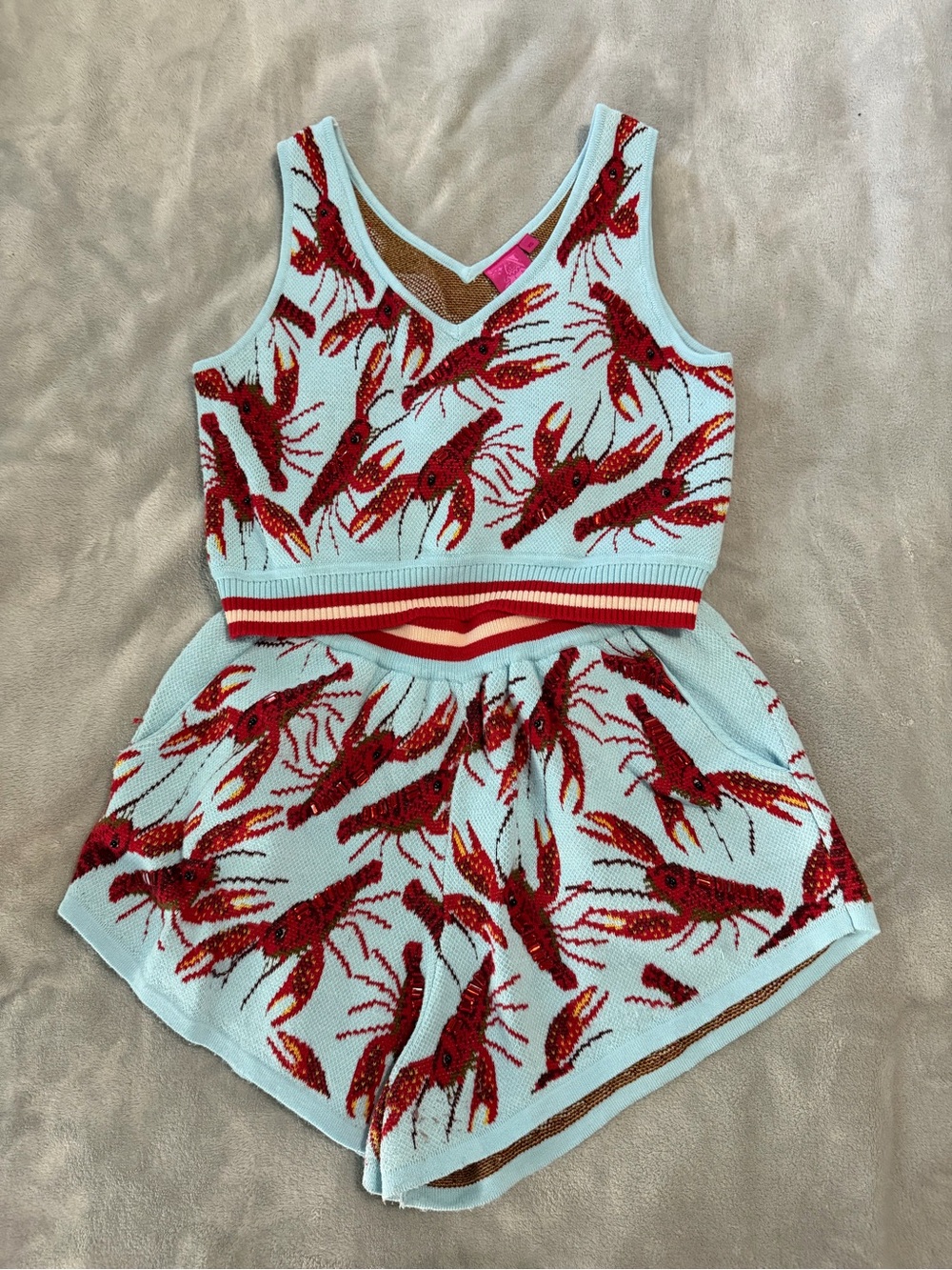 QUEEN OF SPARKLES Light Blue & Red Crawfish Knit Tank and Short Set
